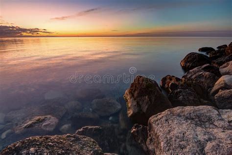 Calm Beautiful Evening Seascape In The Foreground Huge Stones Stock