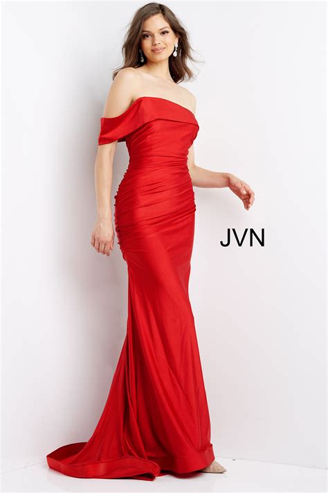 Jvn07640 Red One Shoulder Body Hugging Long Prom Dress