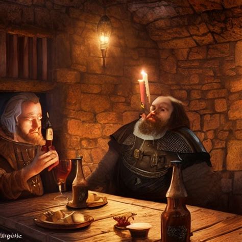 A Male Knight Drinking Beer In A Medieval Tavern With A Dwarf C