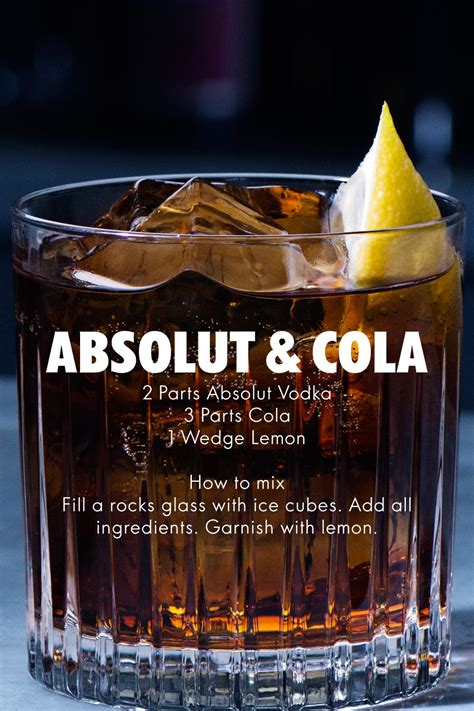Top with bloody mary mix. Cocktail Recipes. Absolut & Cola: 2 Parts Absolut Vodka; 3 ...