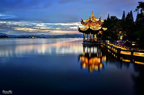 Jixian Pavilion At Sunsetnight In Hangzhou China One Of The Most