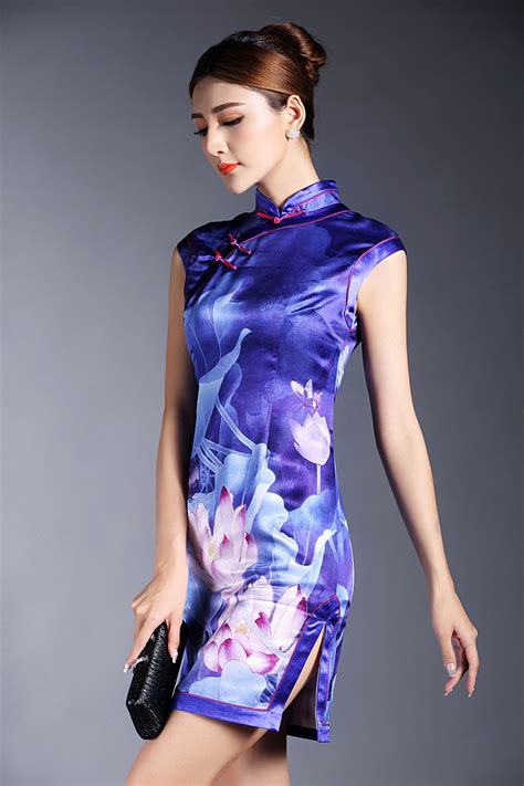 Incredible Lotus Print Silk Qipao Cheongsam Dress Qipao Cheongsam Dresses Women
