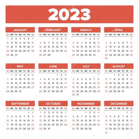 Calendário Do Ano De 2023 Simples — Vetor De Stock © 123sasha 130331746