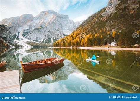 Young Man In Kayak At Lago Di Braies In Fall Dolomites Italy Stock 0ee