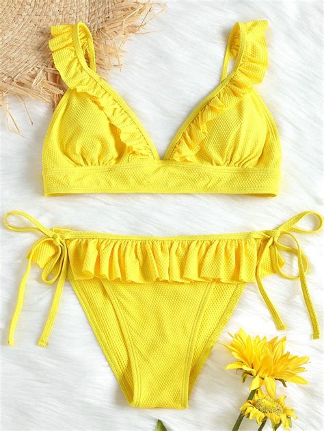 11 Off 2019 Textured Ruffles String Bikini Swimwear In Yellow Zaful