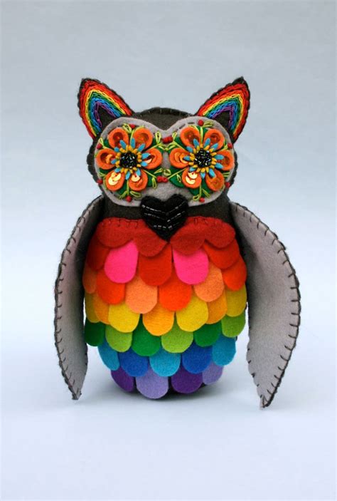 Rainbow Owl Mexican Folk Art Embroidered Plush Soft Sculpture