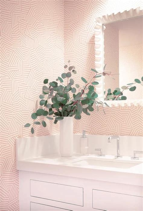 Powder Room With Schumacher Deconstructed Stripe Pink Wallpaper
