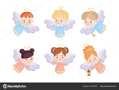 Cute Angels Set Cartoon Style Vector Illustrations Isolated White