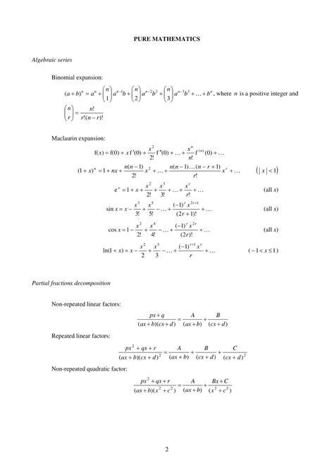 A Level Mf26 2020 Math Formula Sheet And List