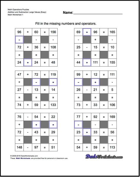 Math Puzzle Worksheets That Require Students To Fill In