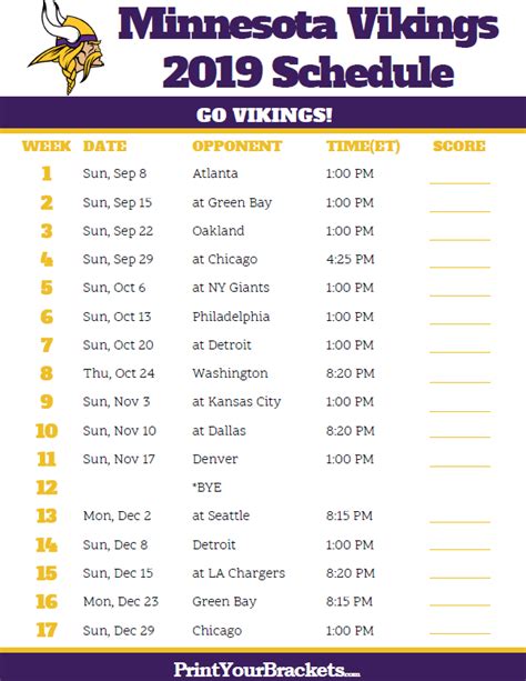 Vikings Printable Schedule