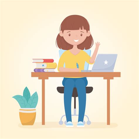 Teenage Girl Studying With Laptop And Books 1260851 Vector Art At Vecteezy