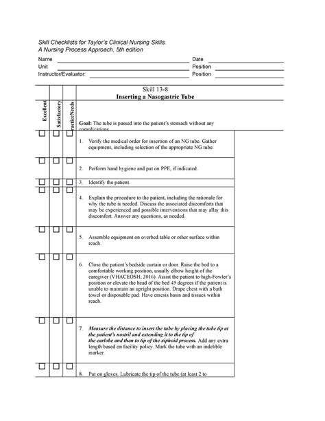 Skill Checklist Ngt Insertion Skill Checklists For Taylors