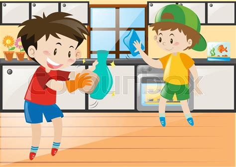 Two Boys Cleaning In The Kitchen Stock Vector Colourbox