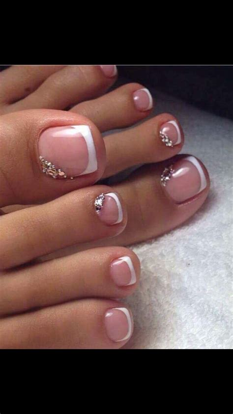 Pretty Pedicures Toe Nail Art French Tip With Rhinestones Pedicure