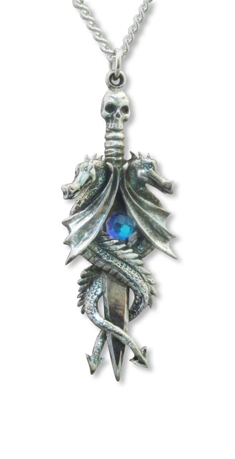 Double Dragon Skull Sword With Blue Crystal By Realmetaljewelry