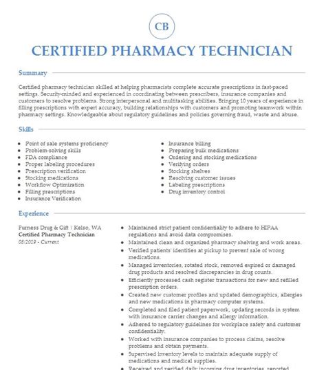 Certified Pharmacy Technician Resume Example
