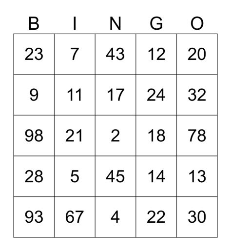 Numbers 1 99 Bingo Card