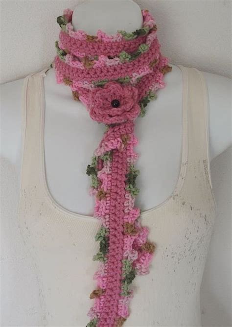 Items Similar To Skinny Scarf Pretty Pink Shades With Crochet Flower