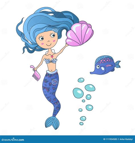 Vector Beautiful Cute Little Siren Mermaid With Sea Shell And Tropic