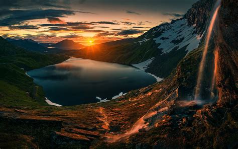 Nature Landscape Sunset Lake Waterfall Mountain Sky Clouds Grass Snow Wallpapers Hd