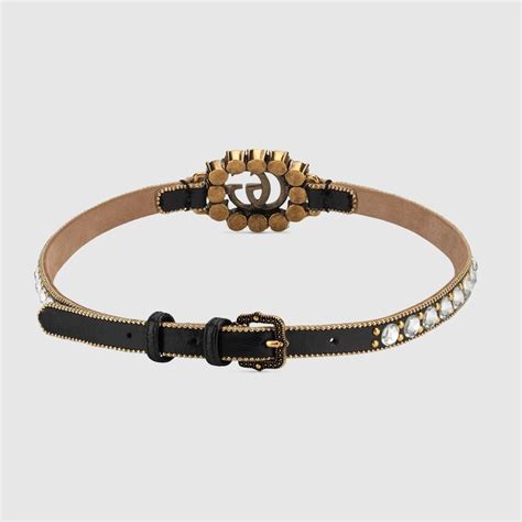 Black Leather Choker With Double G And White Crystals Gucci Us