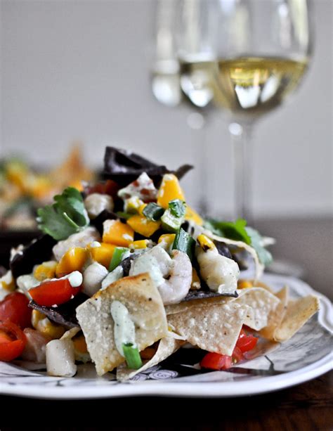 Summertime Seafood Nachos With Grilled Corn Avocado Cream
