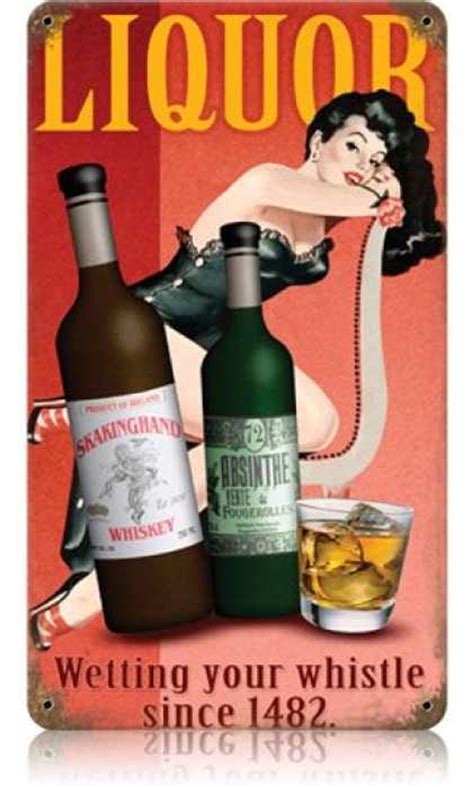 Vintage Liquor Pin Up Girl Metal Sign 8 X 14 Inches