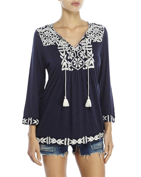 Lucky Brand Navy Embroidered Peasant Top In Blue Lyst