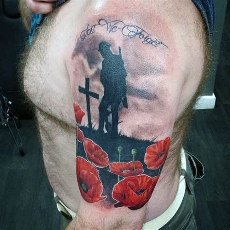 Stunning Colored World War Memorial Shoulder Tattoo With Flowers And