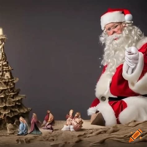 Heartwarming Nativity Scene With Santa Claus And Baby Jesus
