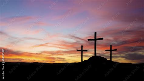 Three Crosses In Silhouette On A Hill With Sunset Stock Photo Adobe Stock