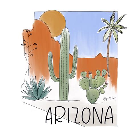 Arizona State Outline Desert Drawing Cactuses Watercolortravel