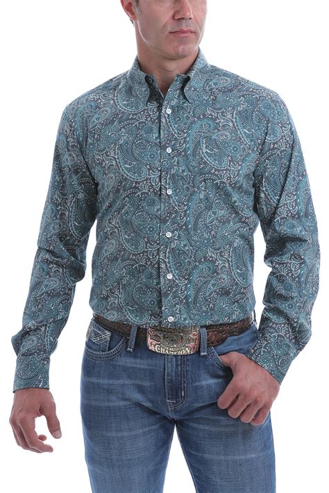 cinch jeans men s modern fit charcoal and teal paisley print button down western shirt