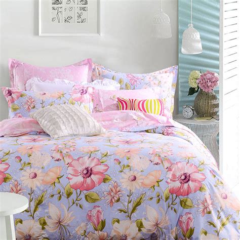 Light Blue And Pink Floral Cotton Bedding Set Ebeddingsets