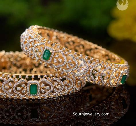 Diamond And Emerald Broad Bangles Indian Jewellery Designs