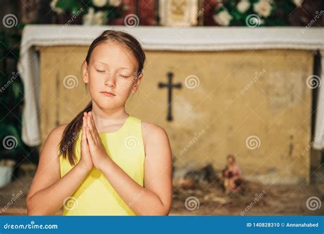 Cute Kid Girl Praying In Church Stock Photo Image Of Freedom Church