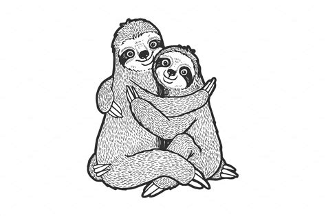 Sloth Love Couple Hug Sketch Vector Animal Illustrations ~ Creative