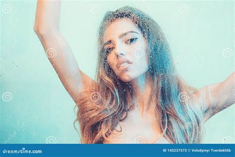 Beautiful Woman In The Shower Behind Glass With Drops Stock Image Image Of People Aquarium
