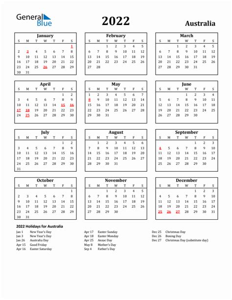 2022 Australia Calendar With Holidays