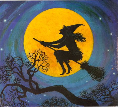 Witch Flying On A Broom Cover Art Illustration From Vintage Halloween