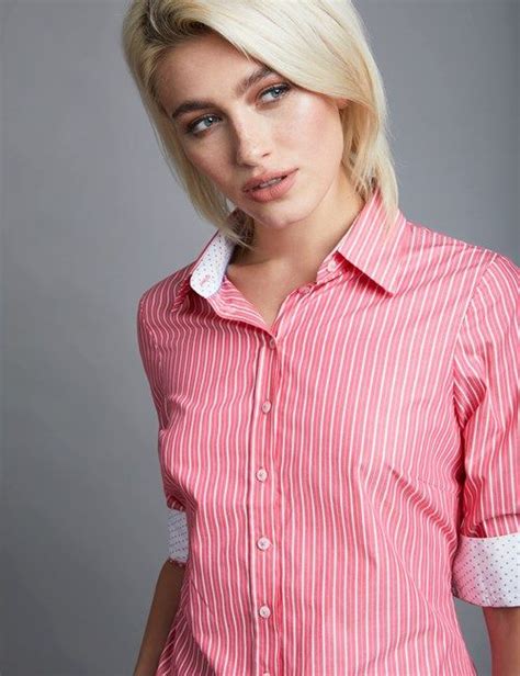 Womens Pink And White Stripe Semi Fitted Shirt Single Cuff Womens