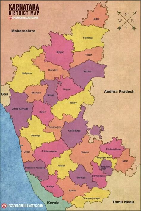 Karnataka Map With Districts Upsc Colorfull Notes