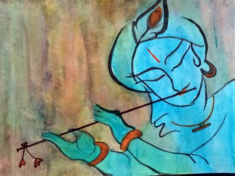 Krishna With Flute Watercolor Abstract Krishna Indian Folk Art