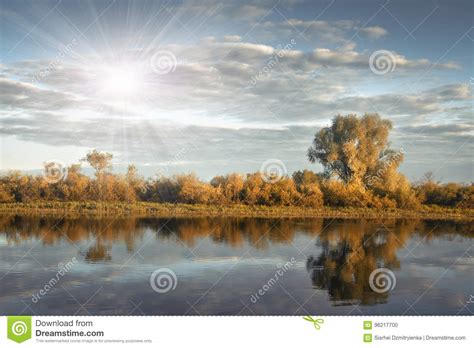 Beautiful Landscape Of Golden Autumn On Bright Sunny Day On River