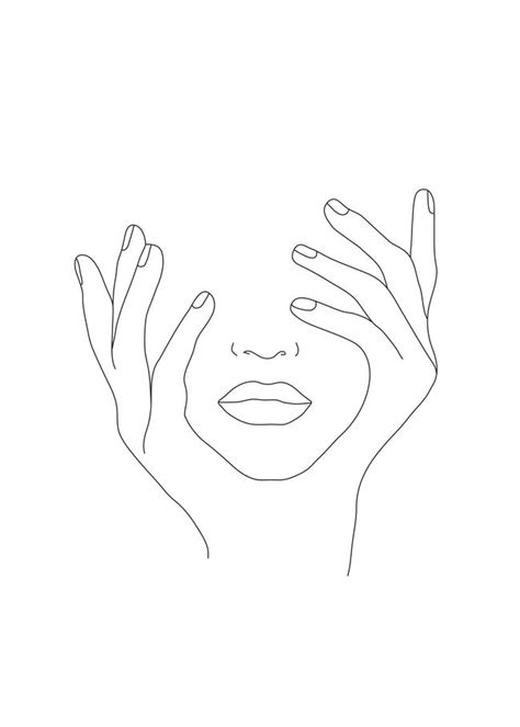 This poster combines minimalist and bohemian styles. Minimal Line Art Woman with Hands on Face Rectangular ...