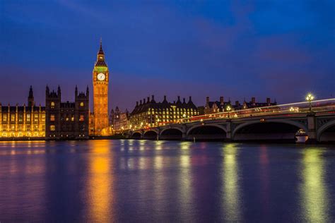 Big Ben Bridge City Clock Tower London Night Reflection River