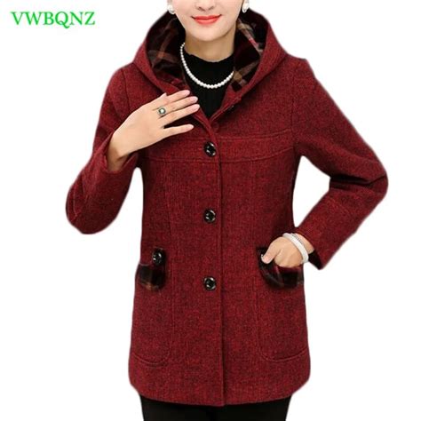 new autumn and winter woolen coat women plus velvet hooded woolen jacket middle aged women plus