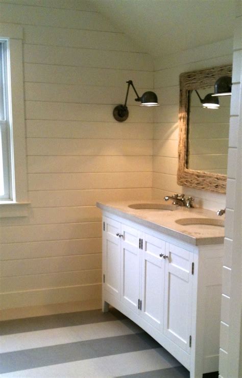 Cape Cod Bathroom Design With Floor Tiles In Graywhite Stripes By