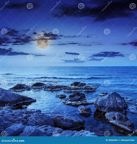 Sea Wave Breaks About Boulders At Night Stock Image Image Of Aqua